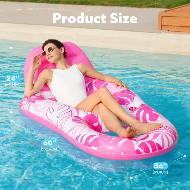 Alt view image 5 of 7 - Pool Lounge Float Adult, Inflatable Pool Floats Lounger Raft Floaties Water Floating Recliner Chair with Cup Holders Foot Rest Swimming Floaty, Pink
