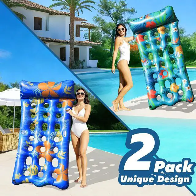 Alt view image 4 of 7 - Pool Floats Lounger, 2 PCS 72''x35'' Ultra-Comfort Pool Rafts for Adults with Cooling Headrest and Cup Holders, Pool Floaties Raft Mat for Sun Tanning Swimming Beach Outdoor Pool Lake Party