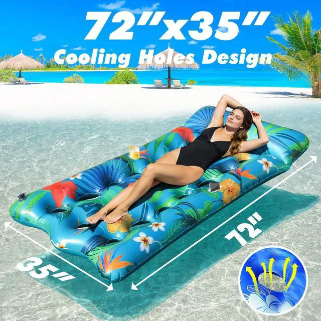 Alt view image 2 of 7 - Pool Floats Lounger, 2 PCS 72''x35'' Ultra-Comfort Pool Rafts for Adults with Cooling Headrest and Cup Holders, Pool Floaties Raft Mat for Sun Tanning Swimming Beach Outdoor Pool Lake Party