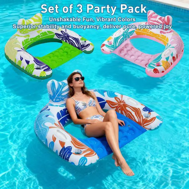 Alt view image 2 of 7 - Pool Floats, 3Pack Inflatable Pool Floats Adult & Kids, U-Shaped Pool Float Lounger with Comfortable Headrest,Cup Holders Sturdy Handles, Portable Pool Floats Chair Floaties for Pool Lake Beach