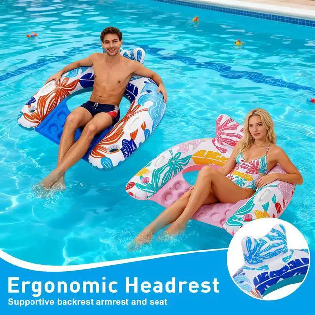 Alt view image 4 of 7 - Pool Floats, 3Pack Inflatable Pool Floats Adult & Kids, U-Shaped Pool Float Lounger with Comfortable Headrest,Cup Holders Sturdy Handles, Portable Pool Floats Chair Floaties for Pool Lake Beach