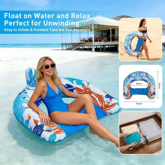 Alt view image 7 of 7 - Pool Floats, 3Pack Inflatable Pool Floats Adult & Kids, U-Shaped Pool Float Lounger with Comfortable Headrest,Cup Holders Sturdy Handles, Portable Pool Floats Chair Floaties for Pool Lake Beach