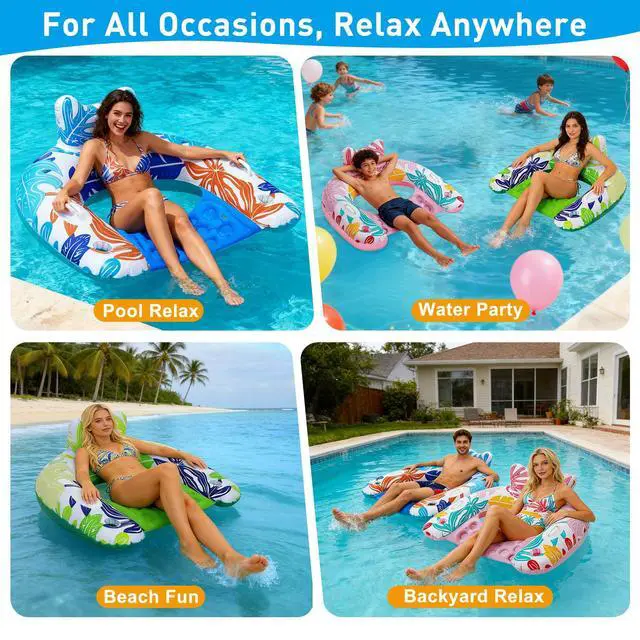 Alt view image 6 of 7 - Pool Floats, 3Pack Inflatable Pool Floats Adult & Kids, U-Shaped Pool Float Lounger with Comfortable Headrest,Cup Holders Sturdy Handles, Portable Pool Floats Chair Floaties for Pool Lake Beach