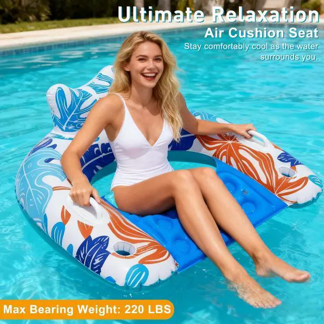 Alt view image 5 of 7 - Pool Floats, 3Pack Inflatable Pool Floats Adult & Kids, U-Shaped Pool Float Lounger with Comfortable Headrest,Cup Holders Sturdy Handles, Portable Pool Floats Chair Floaties for Pool Lake Beach