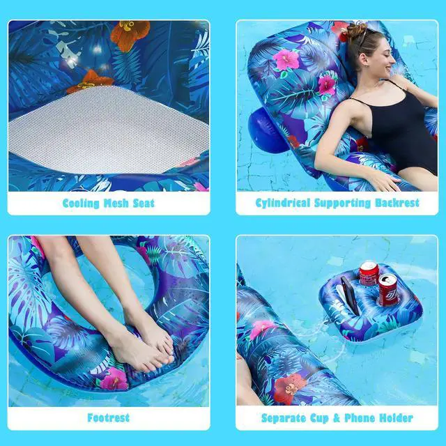 Alt view image 3 of 6 - Pool Floats Adult - Inflatable Large Pool Float Chair with Cup Holder, Floating Pool Chair Raft, Sun Tanning Float Pool Accessories Decor Floaties for Lake, Pool, Beach (Blue)