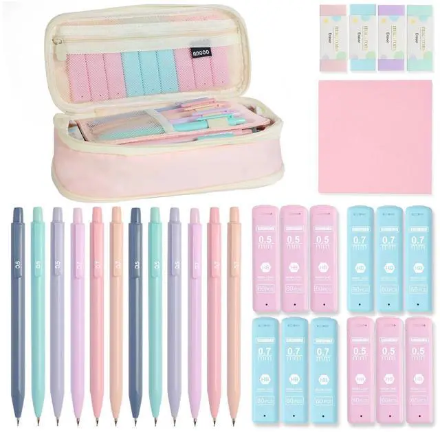Main image of Aesthetic School Supplies with Cute Pencil Case, 12x Pastel Mechanical Pencils 0.5 & 0.7mm with 720x HB Leads, 4x Erasers and 1x Sticky Note, Suitable for Writing, Drafting Drawing Sketching(pink)