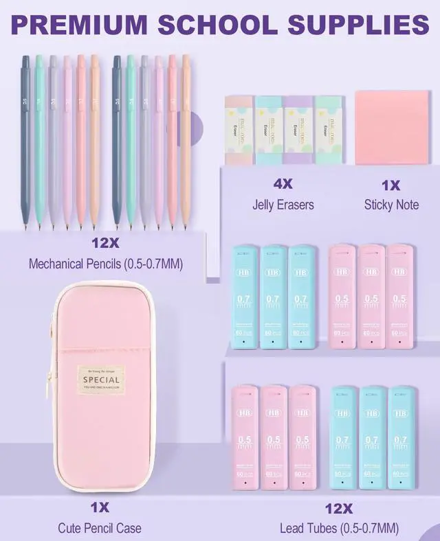 Alt view image 2 of 7 - Aesthetic School Supplies with Cute Pencil Case, 12x Pastel Mechanical Pencils 0.5 & 0.7mm with 720x HB Leads, 4x Erasers and 1x Sticky Note, Suitable for Writing, Drafting Drawing Sketching(pink)
