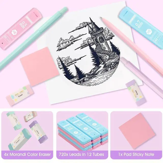 Alt view image 7 of 7 - Aesthetic School Supplies with Cute Pencil Case, 12x Pastel Mechanical Pencils 0.5 & 0.7mm with 720x HB Leads, 4x Erasers and 1x Sticky Note, Suitable for Writing, Drafting Drawing Sketching(pink)