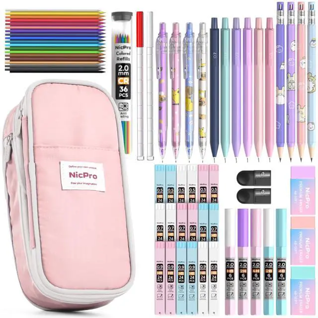 Main image of 45PCS Aesthetic School Supplies with Pink Pen Case, Pastel Mechanical Pencils 0.5, 0.7, 0.9, 2mm with 462 PCS Lead Refills(4B 2B HB 2H 4H COLORS) Erasers For Student Writing Drawing