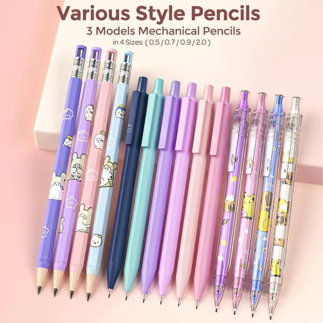 Alt view image 3 of 6 - 45PCS Aesthetic School Supplies with Pink Pen Case, Pastel Mechanical Pencils 0.5, 0.7, 0.9, 2mm with 462 PCS Lead Refills(4B 2B HB 2H 4H COLORS) Erasers For Student Writing Drawing