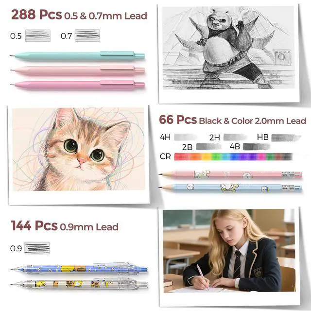 Alt view image 5 of 6 - 45PCS Aesthetic School Supplies with Pink Pen Case, Pastel Mechanical Pencils 0.5, 0.7, 0.9, 2mm with 462 PCS Lead Refills(4B 2B HB 2H 4H COLORS) Erasers For Student Writing Drawing