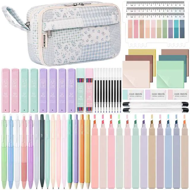 Main image of 62PCS Aesthetic School Supplies with Quilted Pencil Case, Pastel Highlighters, Gel Pens Mechanical Pencils Set, Cute Back to School Supplies, College Essentials (Green Blue Patchwork, M)