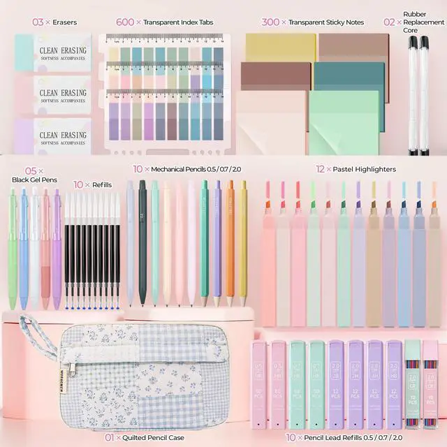 Alt view image 2 of 7 - 62PCS Aesthetic School Supplies with Quilted Pencil Case, Pastel Highlighters, Gel Pens Mechanical Pencils Set, Cute Back to School Supplies, College Essentials (Green Blue Patchwork, M)