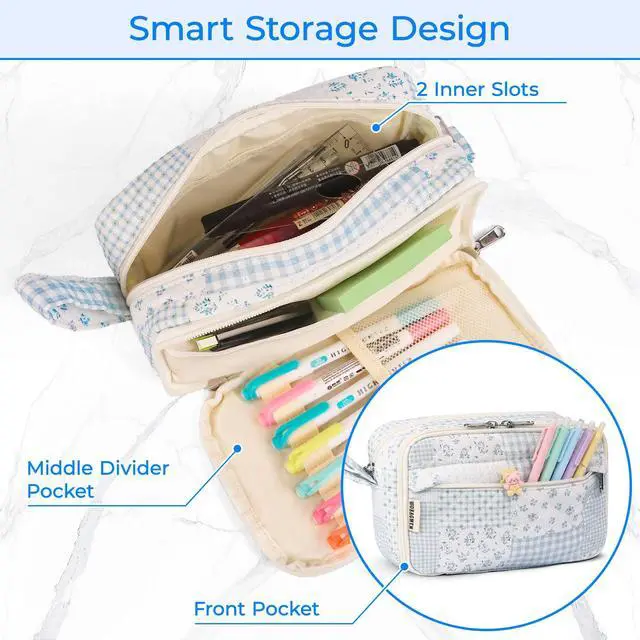 Alt view image 3 of 7 - 62PCS Aesthetic School Supplies with Quilted Pencil Case, Pastel Highlighters, Gel Pens Mechanical Pencils Set, Cute Back to School Supplies, College Essentials (Green Blue Patchwork, M)