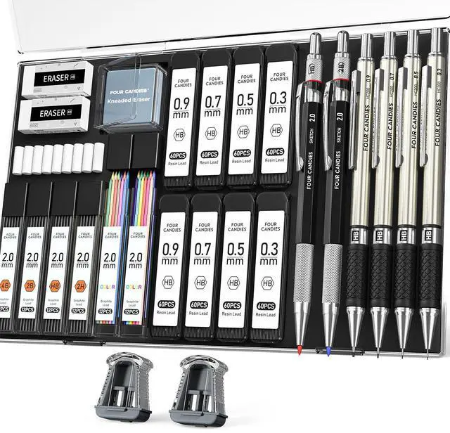 Main image of 27PCS Mechanical Pencil Set with Case, Art supplies with Metal Pencil 0.3, 0.5, 0.7, 0.9 mm & 2PCS 2mm (HB 2H 2B 4B Color) with 552 Lead Refills, Technical Drawing Kit for Teen & Adults