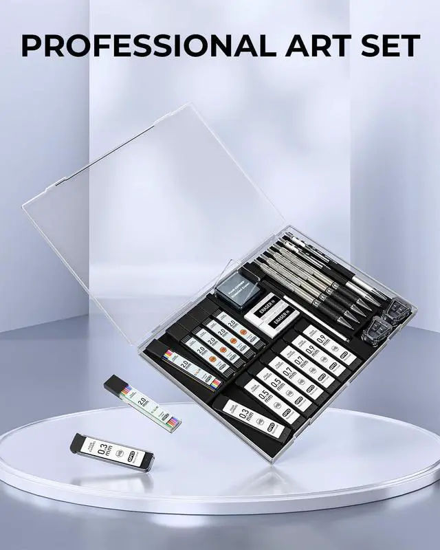 Alt view image 5 of 7 - 27PCS Mechanical Pencil Set with Case, Art supplies with Metal Pencil 0.3, 0.5, 0.7, 0.9 mm & 2PCS 2mm (HB 2H 2B 4B Color) with 552 Lead Refills, Technical Drawing Kit for Teen & Adults