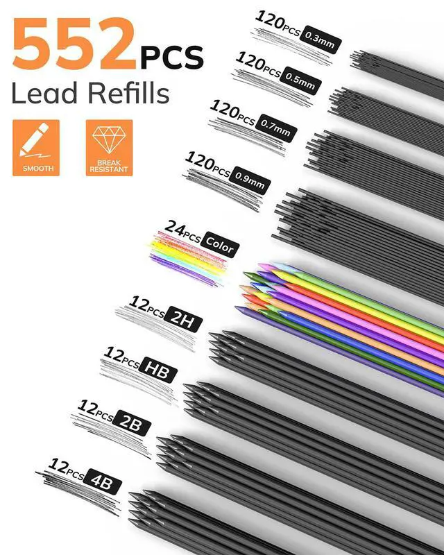 Alt view image 2 of 7 - 27PCS Mechanical Pencil Set with Case, Art supplies with Metal Pencil 0.3, 0.5, 0.7, 0.9 mm & 2PCS 2mm (HB 2H 2B 4B Color) with 552 Lead Refills, Technical Drawing Kit for Teen & Adults