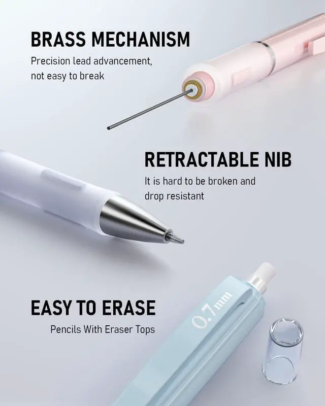 Alt view image 4 of 7 - 3PCS Cute Mechanical Pencil Set with Case, 0.7 mm Pencils with 6 Tube HB Lead Refill, 3PCS Eraser, 9PCS Eraser Refill for School Supplies Student Writing, Drafting Drawing Sketching