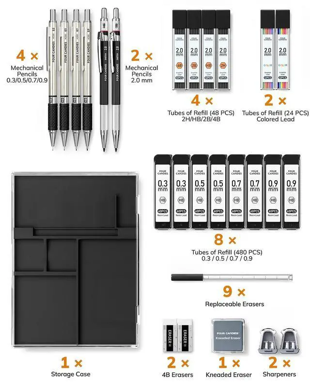Alt view image 4 of 7 - 27PCS Mechanical Pencil Set with Case, Art supplies with Metal Pencil 0.3, 0.5, 0.7, 0.9 mm & 2PCS 2mm (HB 2H 2B 4B Color) with 552 Lead Refills, Technical Drawing Kit for Teen & Adults