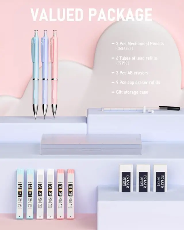 Alt view image 6 of 7 - 3PCS Cute Mechanical Pencil Set with Case, 0.7 mm Pencils with 6 Tube HB Lead Refill, 3PCS Eraser, 9PCS Eraser Refill for School Supplies Student Writing, Drafting Drawing Sketching