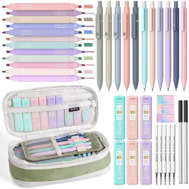 Main image of 39 PCS Aesthetic School Supplies with Cute Pencil Case, 12 Color Pastel Highlighters, 5 Quick Dry Retractable Black Ink Pens, 6 Pastel Mechanical Pencil 0.5 & 0.7 mm for Student Stationary