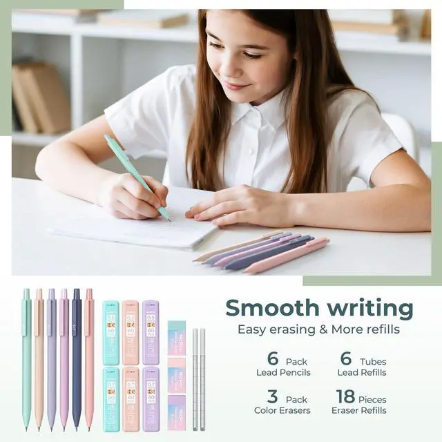 Alt view image 5 of 6 - 39 PCS Aesthetic School Supplies with Cute Pencil Case, 12 Color Pastel Highlighters, 5 Quick Dry Retractable Black Ink Pens, 6 Pastel Mechanical Pencil 0.5 & 0.7 mm for Student Stationary
