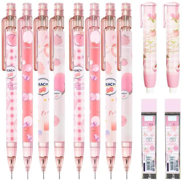 Main image of Cute Pink Coquette Peach Mechanical Pencil Set Include 8Pcs Kawaii Mechanical Pencils,2 Tubes Mechanical Pencil Lead Refills,2Pcs Erasers,for Office School Supplies