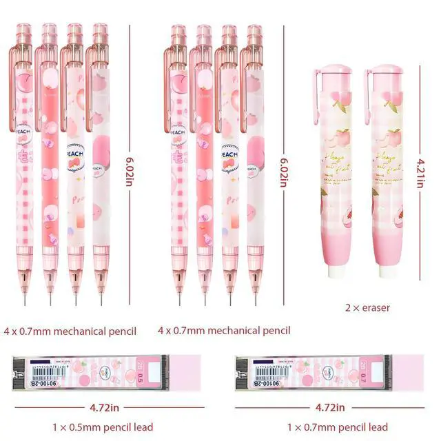 Alt view image 2 of 7 - Cute Pink Coquette Peach Mechanical Pencil Set Include 8Pcs Kawaii Mechanical Pencils,2 Tubes Mechanical Pencil Lead Refills,2Pcs Erasers,for Office School Supplies