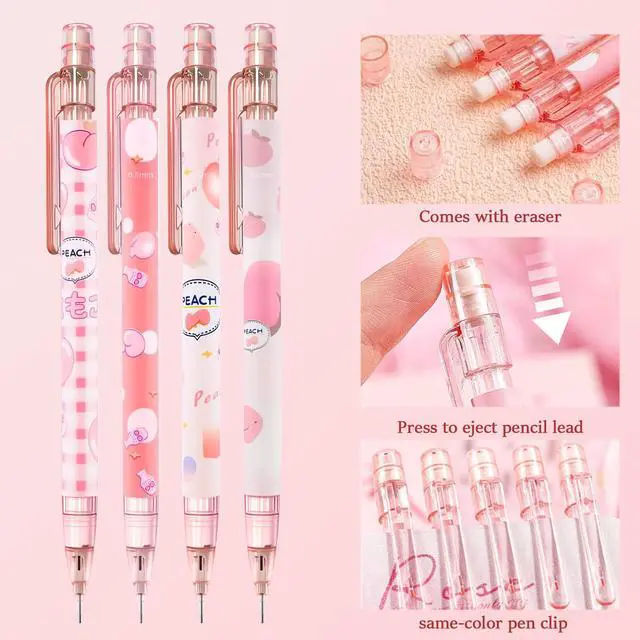 Alt view image 3 of 7 - Cute Pink Coquette Peach Mechanical Pencil Set Include 8Pcs Kawaii Mechanical Pencils,2 Tubes Mechanical Pencil Lead Refills,2Pcs Erasers,for Office School Supplies