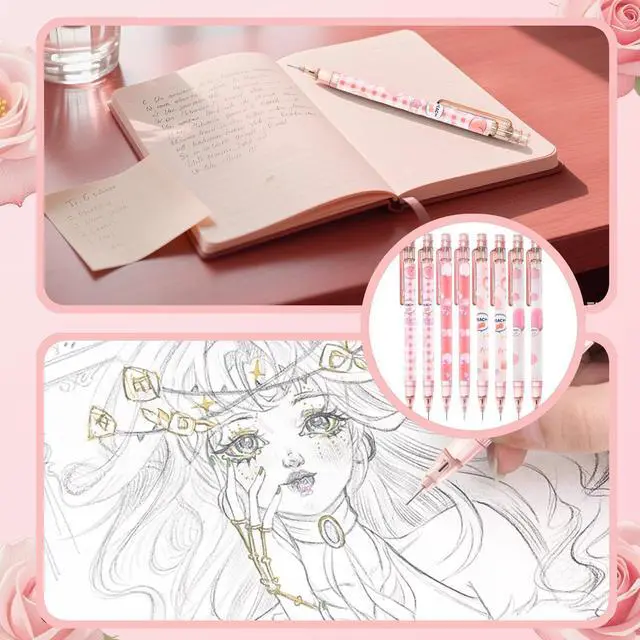 Alt view image 7 of 7 - Cute Pink Coquette Peach Mechanical Pencil Set Include 8Pcs Kawaii Mechanical Pencils,2 Tubes Mechanical Pencil Lead Refills,2Pcs Erasers,for Office School Supplies