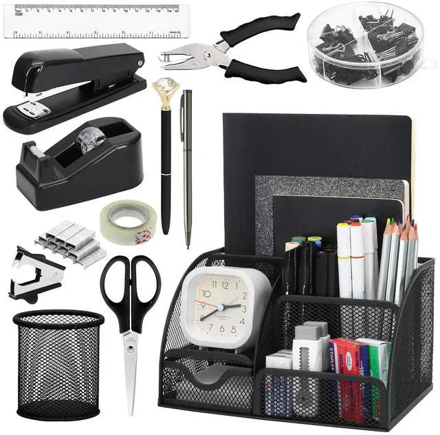 Main image of 13-in-1 Office Desk Organizer Set with Stapler and Tape Dispenser, Pen Holder, Scissors, Ruler, Hole Punch, 2 Pens & More Desktop Accessories for Back to School Supplies (Black)