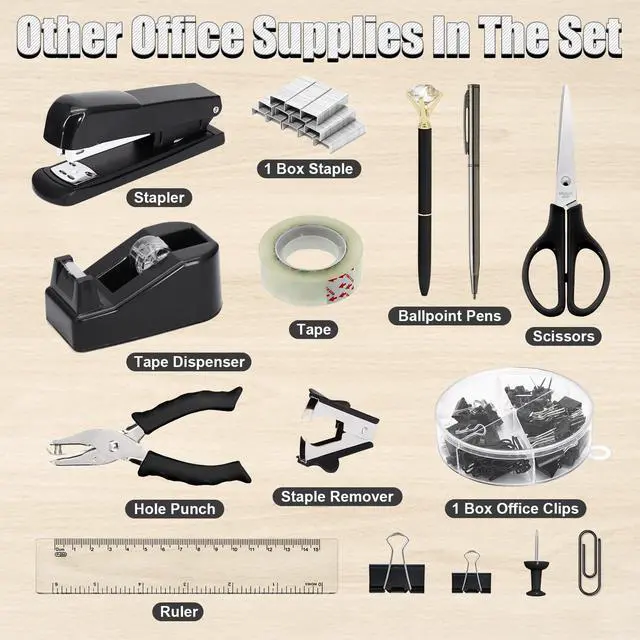 Alt view image 3 of 7 - 13-in-1 Office Desk Organizer Set with Stapler and Tape Dispenser, Pen Holder, Scissors, Ruler, Hole Punch, 2 Pens & More Desktop Accessories for Back to School Supplies (Black)