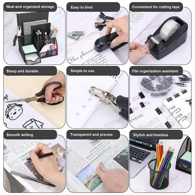 Alt view image 4 of 7 - 13-in-1 Office Desk Organizer Set with Stapler and Tape Dispenser, Pen Holder, Scissors, Ruler, Hole Punch, 2 Pens & More Desktop Accessories for Back to School Supplies (Black)