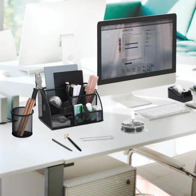 Alt view image 7 of 7 - 13-in-1 Office Desk Organizer Set with Stapler and Tape Dispenser, Pen Holder, Scissors, Ruler, Hole Punch, 2 Pens & More Desktop Accessories for Back to School Supplies (Black)