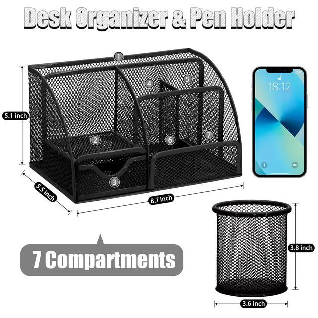 Alt view image 2 of 7 - 13-in-1 Office Desk Organizer Set with Stapler and Tape Dispenser, Pen Holder, Scissors, Ruler, Hole Punch, 2 Pens & More Desktop Accessories for Back to School Supplies (Black)