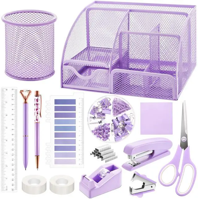 Main image of 15 Pcs Purple Office Supplies Set Mesh Desk Organizer Accessories Kit Include Stapler Tape Dispenser Staple Remover Clips Ruler Scissors Sticky Notes for Office School Home Women (Purple)