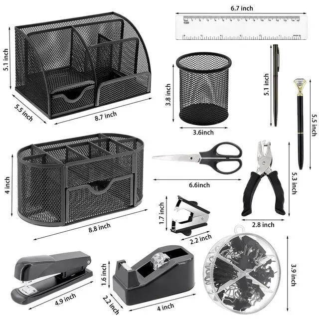 Alt view image 2 of 7 - 17 in 1 Black Desk Organizers and Accessories Set, 3 Office Desk Supplies Storage Organization, 4 Pens, Stapler, Staples & Remover, Tape & Dispenser, Scissors, Ruler, Clips, Hole Punch, Back to School