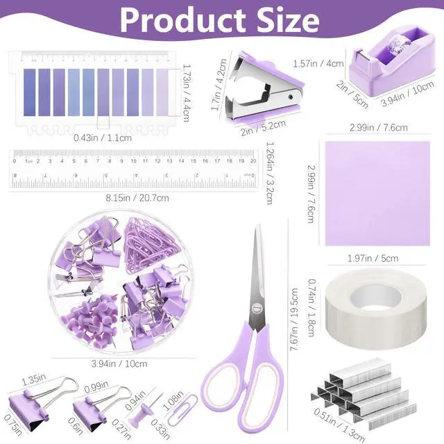 Alt view image 3 of 7 - 15 Pcs Purple Office Supplies Set Mesh Desk Organizer Accessories Kit Include Stapler Tape Dispenser Staple Remover Clips Ruler Scissors Sticky Notes for Office School Home Women (Purple)