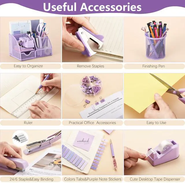 Alt view image 4 of 7 - 15 Pcs Purple Office Supplies Set Mesh Desk Organizer Accessories Kit Include Stapler Tape Dispenser Staple Remover Clips Ruler Scissors Sticky Notes for Office School Home Women (Purple)