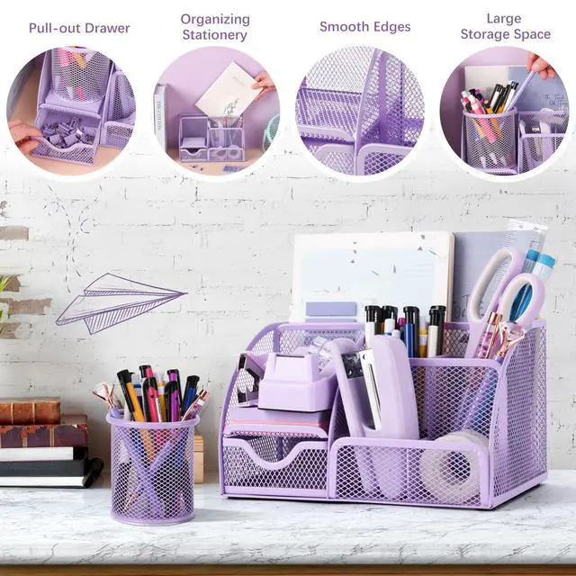 Alt view image 5 of 7 - 15 Pcs Purple Office Supplies Set Mesh Desk Organizer Accessories Kit Include Stapler Tape Dispenser Staple Remover Clips Ruler Scissors Sticky Notes for Office School Home Women (Purple)