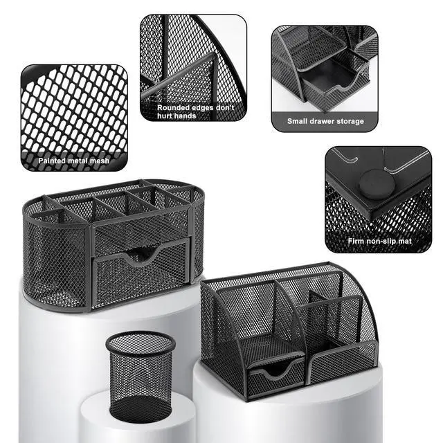 Alt view image 3 of 7 - 17 in 1 Black Desk Organizers and Accessories Set, 3 Office Desk Supplies Storage Organization, 4 Pens, Stapler, Staples & Remover, Tape & Dispenser, Scissors, Ruler, Clips, Hole Punch, Back to School