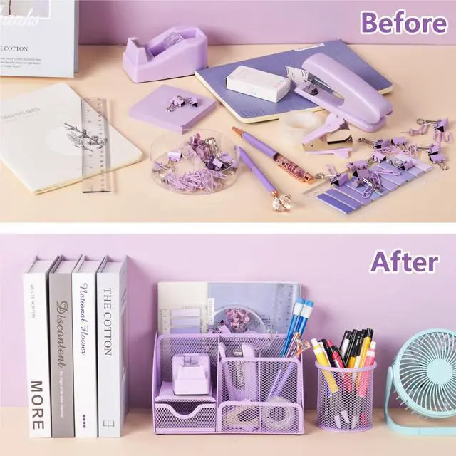 Alt view image 6 of 7 - 15 Pcs Purple Office Supplies Set Mesh Desk Organizer Accessories Kit Include Stapler Tape Dispenser Staple Remover Clips Ruler Scissors Sticky Notes for Office School Home Women (Purple)