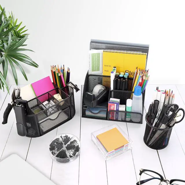 Alt view image 6 of 7 - 17 in 1 Black Desk Organizers and Accessories Set, 3 Office Desk Supplies Storage Organization, 4 Pens, Stapler, Staples & Remover, Tape & Dispenser, Scissors, Ruler, Clips, Hole Punch, Back to School