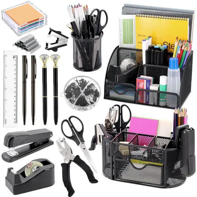 Main image of 17 in 1 Black Desk Organizers and Accessories Set, 3 Office Desk Supplies Storage Organization, 4 Pens, Stapler, Staples & Remover, Tape & Dispenser, Scissors, Ruler, Clips, Hole Punch, Back to School