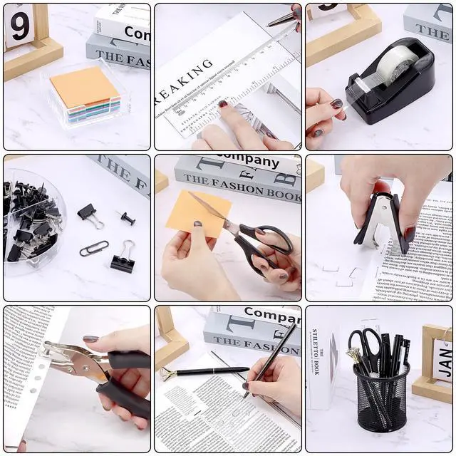 Alt view image 5 of 7 - 17 in 1 Black Desk Organizers and Accessories Set, 3 Office Desk Supplies Storage Organization, 4 Pens, Stapler, Staples & Remover, Tape & Dispenser, Scissors, Ruler, Clips, Hole Punch, Back to School