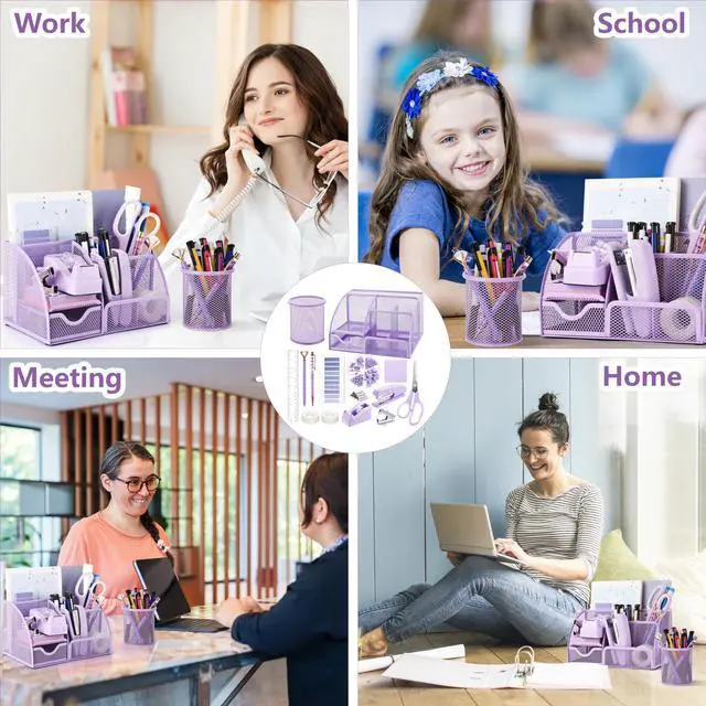 Alt view image 7 of 7 - 15 Pcs Purple Office Supplies Set Mesh Desk Organizer Accessories Kit Include Stapler Tape Dispenser Staple Remover Clips Ruler Scissors Sticky Notes for Office School Home Women (Purple)
