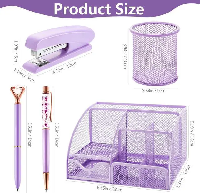 Alt view image 2 of 7 - 15 Pcs Purple Office Supplies Set Mesh Desk Organizer Accessories Kit Include Stapler Tape Dispenser Staple Remover Clips Ruler Scissors Sticky Notes for Office School Home Women (Purple)