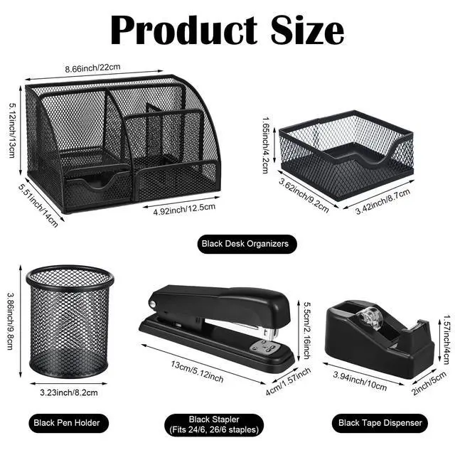 Alt view image 2 of 7 - Black Desk Organizer and Accessories, Black Desk Asccessories Office Supply Kit Include Mesh Desktop Organizer Stapler 1000 Staples Tape Dispenser Pen Holder Staple Remover Clips Ruler Scissors