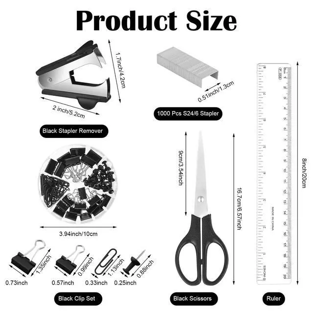 Alt view image 3 of 7 - Black Desk Organizer and Accessories, Black Desk Asccessories Office Supply Kit Include Mesh Desktop Organizer Stapler 1000 Staples Tape Dispenser Pen Holder Staple Remover Clips Ruler Scissors