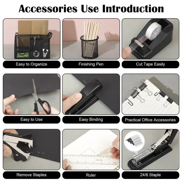 Alt view image 4 of 7 - Black Desk Organizer and Accessories, Black Desk Asccessories Office Supply Kit Include Mesh Desktop Organizer Stapler 1000 Staples Tape Dispenser Pen Holder Staple Remover Clips Ruler Scissors